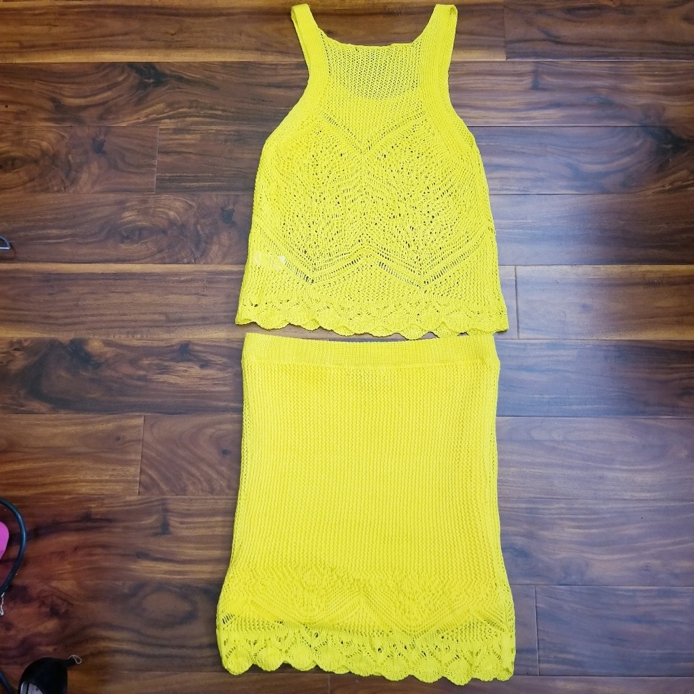 Almost Famous Bright Yellow Crochet Two-Piece Set